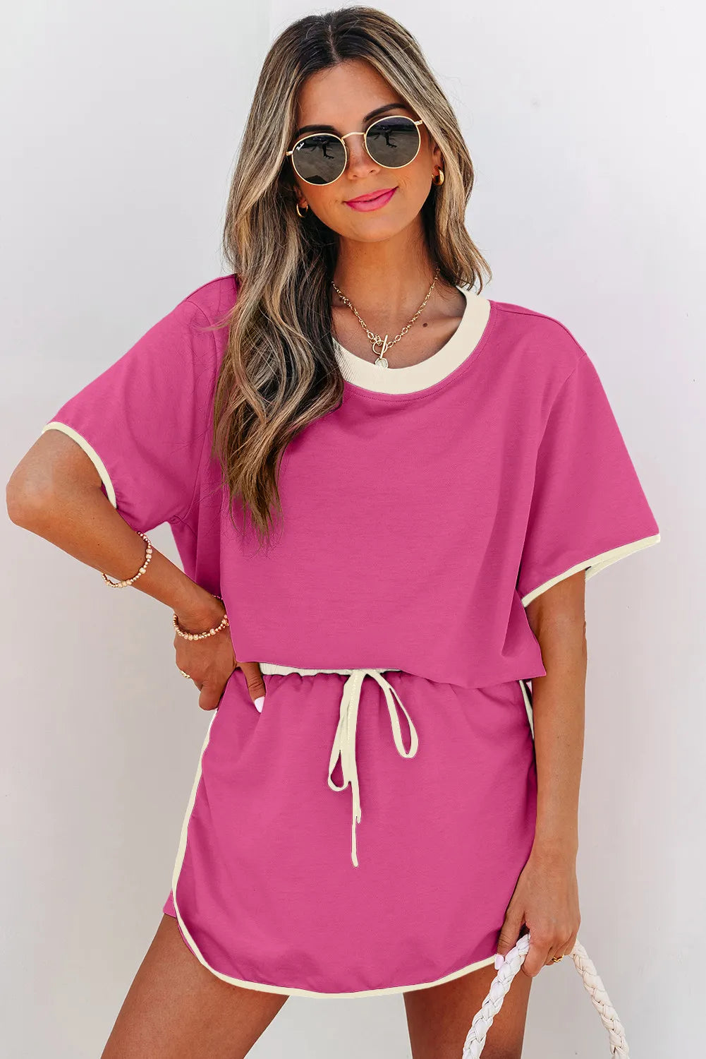 Colorblock Edge Drop Shoulder T Shirt and Skort 2Pcs Set