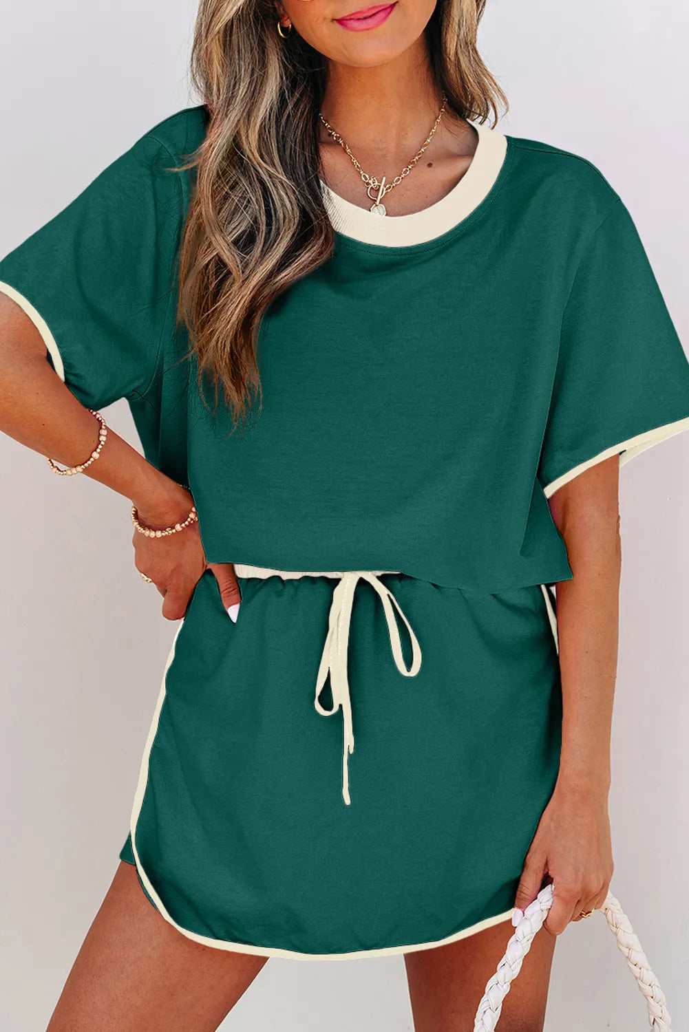 Colorblock Edge Drop Shoulder T Shirt and Skort 2Pcs Set