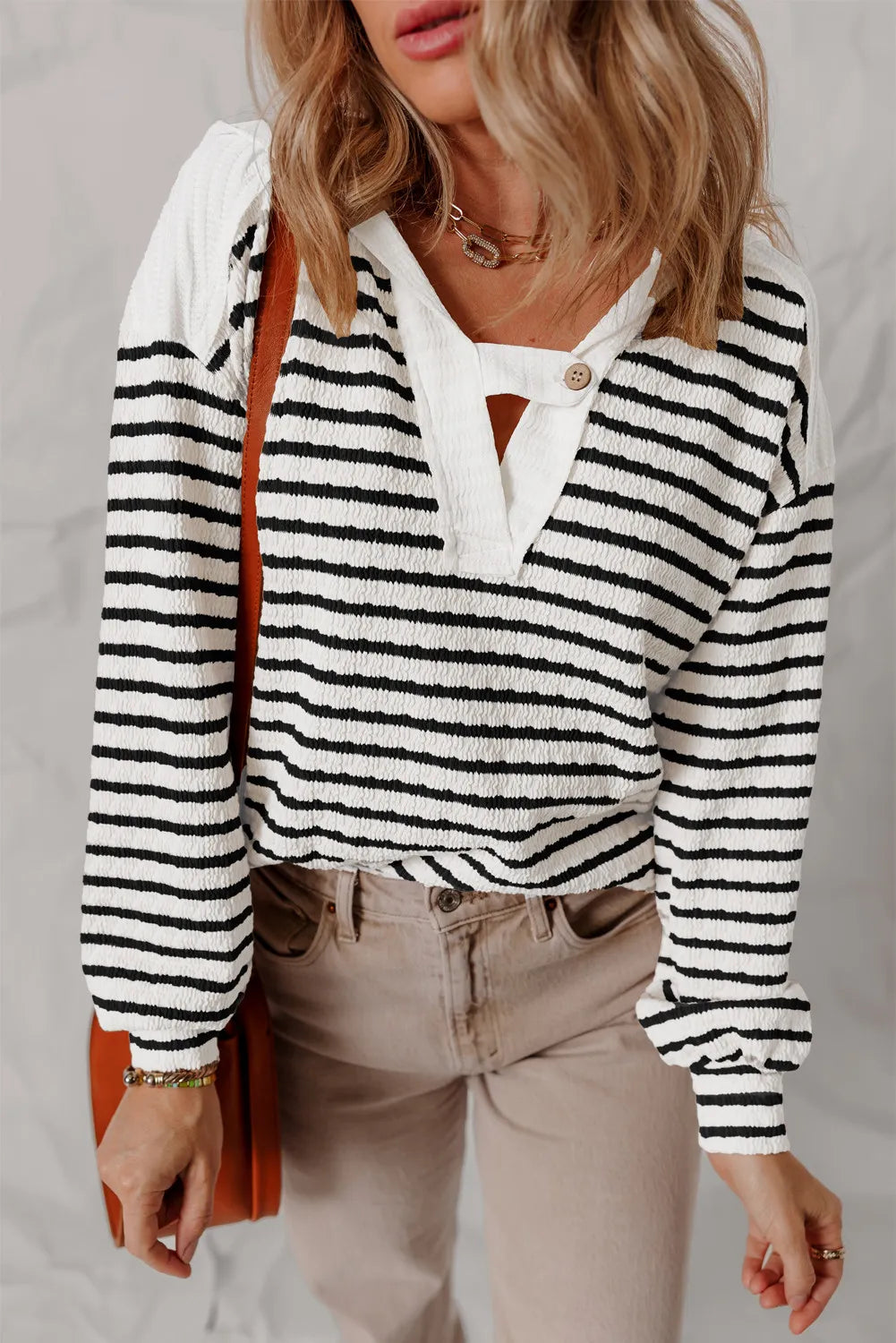 Stripe Textured Hooded V Neck Casual Long Sleeve Top
