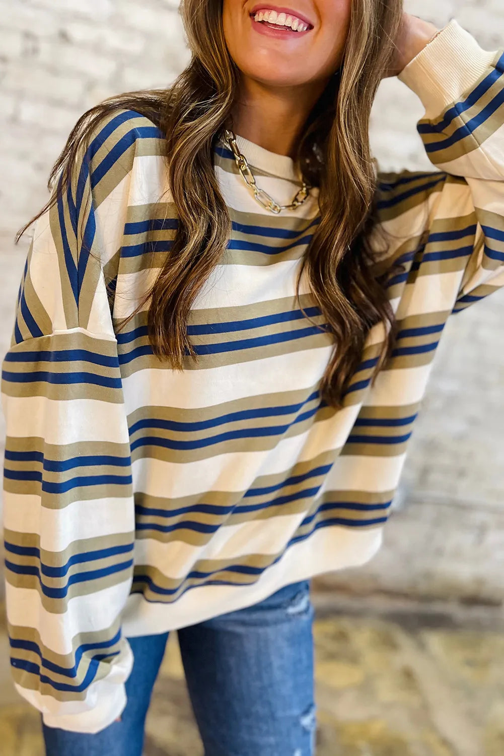 Stripe Crew Neck Drop Shoulder Pullover Sweatshirt