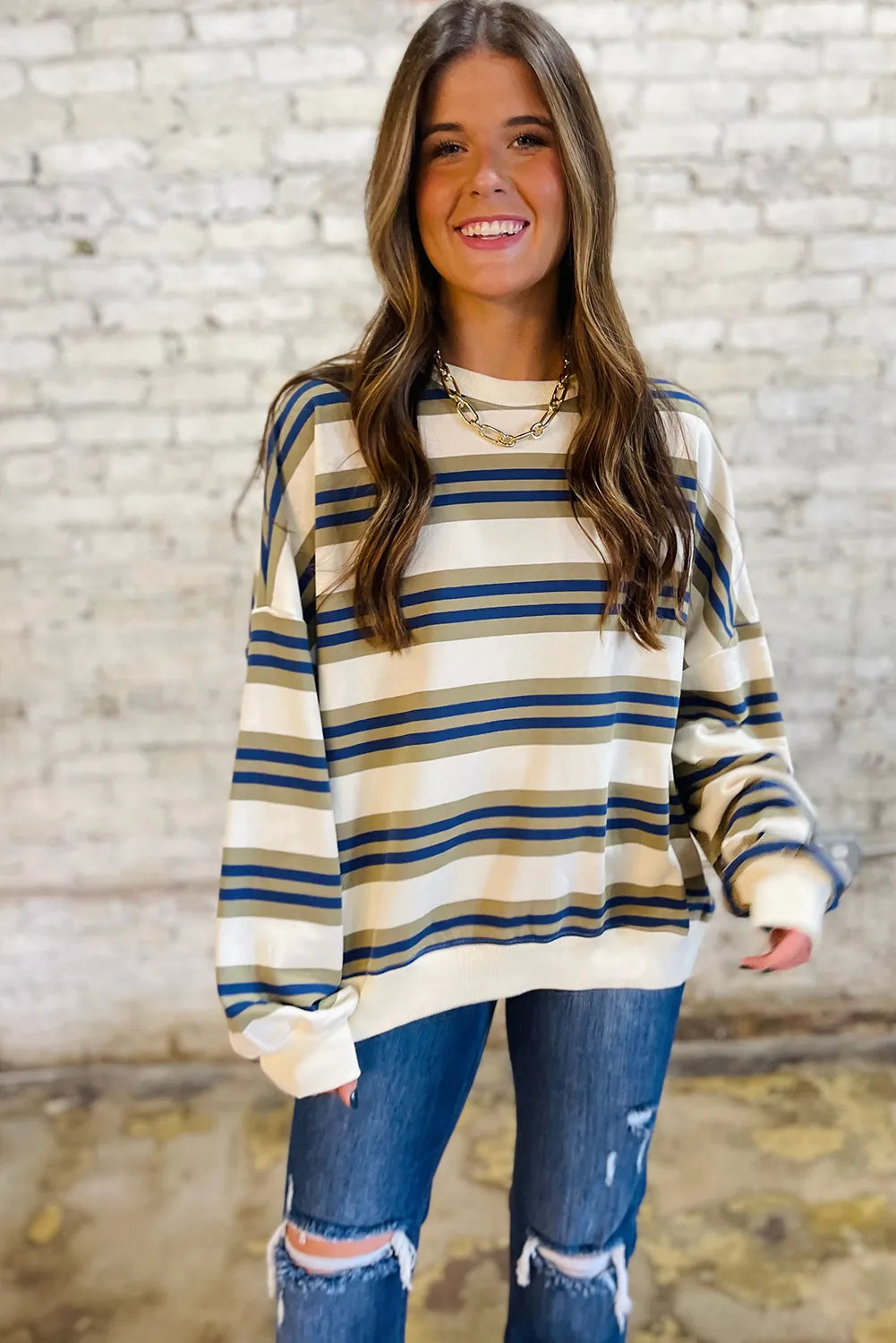 Stripe Crew Neck Drop Shoulder Pullover Sweatshirt
